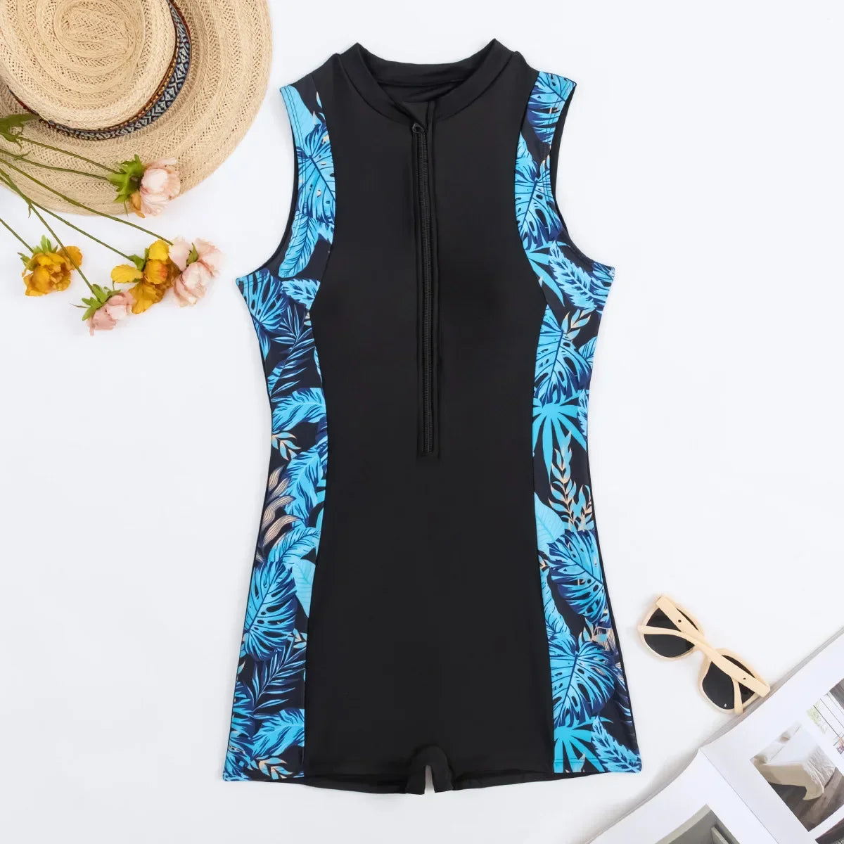 Vintage Blue Leaves Print Spliced One Piece Swimsuit Surfing Suit