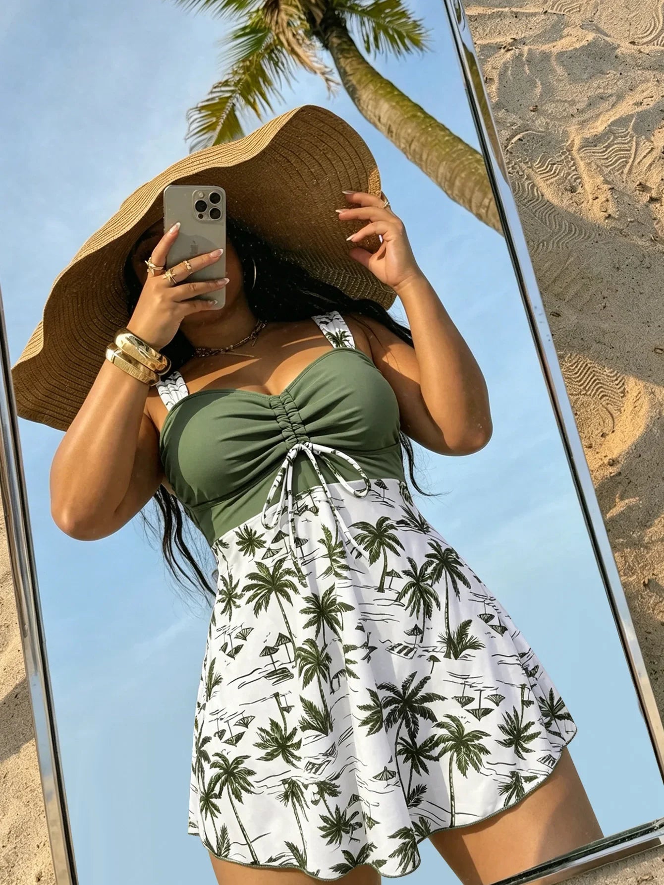 Vintage Green Leaves Print Patchwork Tankini Set