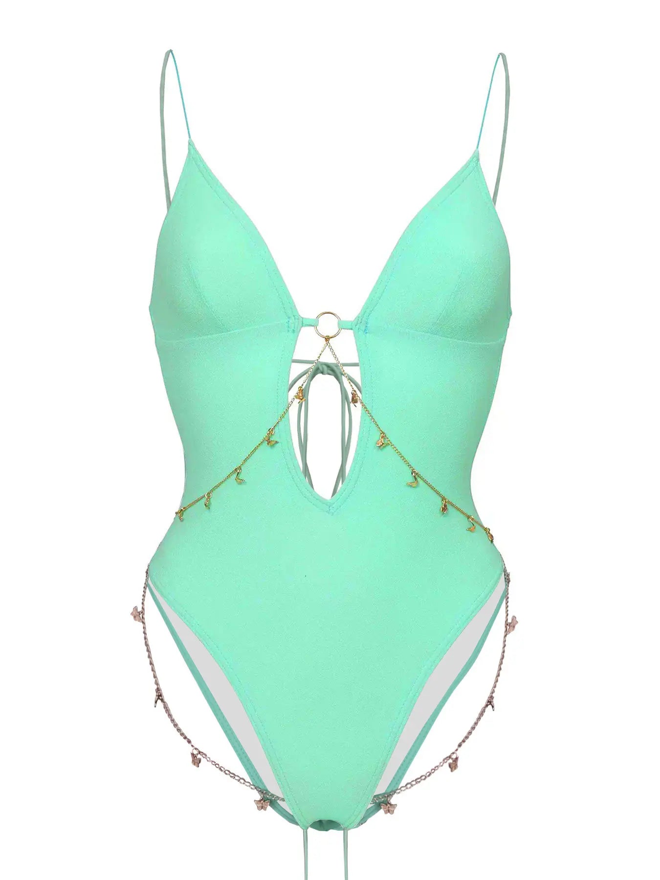 Vintage Green Swimwear Deep V Neck Hollow Out Backless Bathing Suit Metal Chain Belt One Piece Swimsuit Monokini