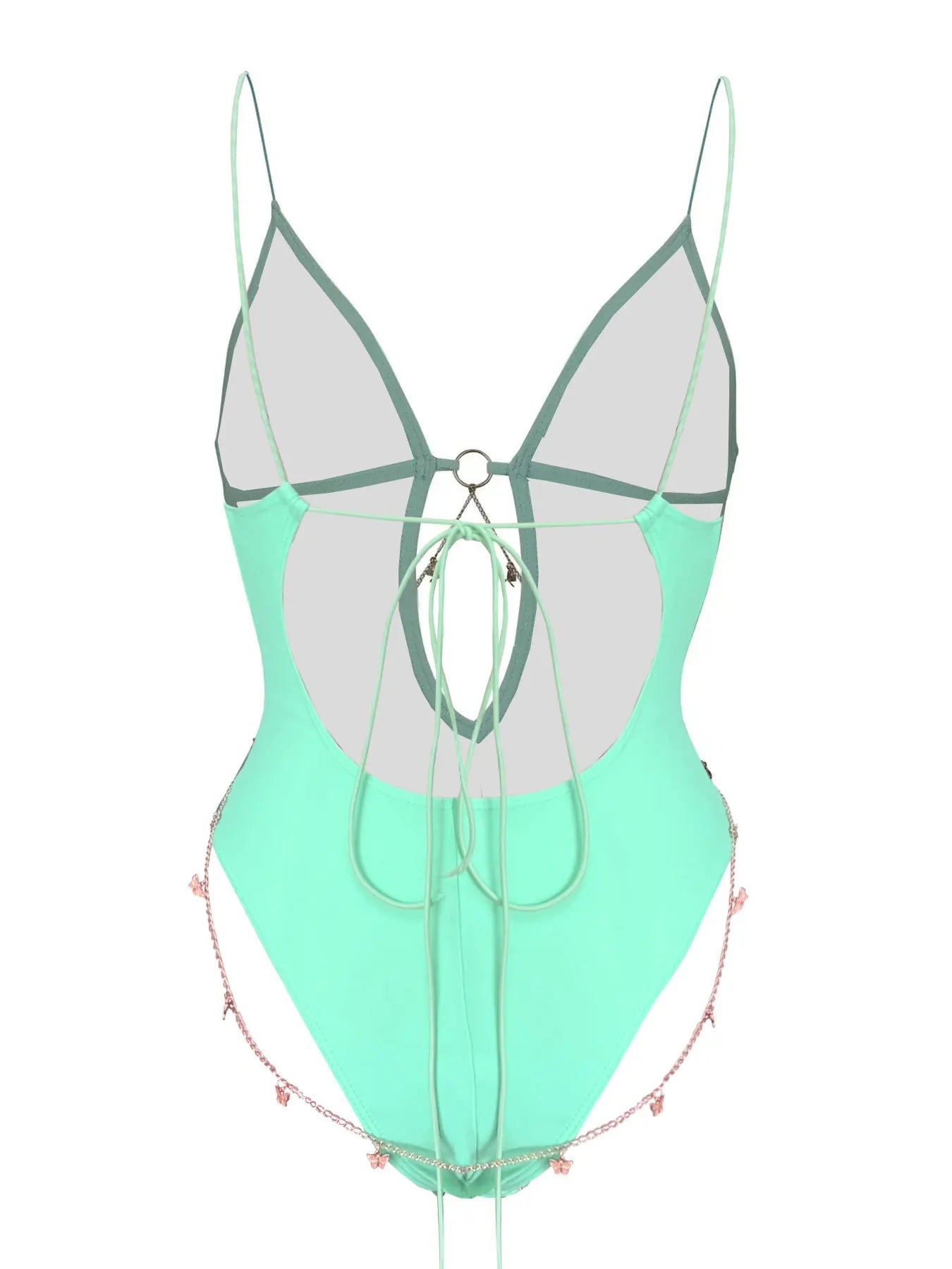 Vintage Green Swimwear Deep V Neck Hollow Out Backless Bathing Suit Metal Chain Belt One Piece Swimsuit Monokini