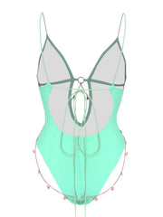 Vintage Green Swimwear Deep V Neck Hollow Out Backless Bathing Suit Metal Chain Belt One Piece Swimsuit Monokini