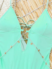 Vintage Green Swimwear Deep V Neck Hollow Out Backless Bathing Suit Metal Chain Belt One Piece Swimsuit Monokini