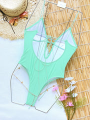 Vintage Green Swimwear Deep V Neck Hollow Out Backless Bathing Suit Metal Chain Belt One Piece Swimsuit Monokini