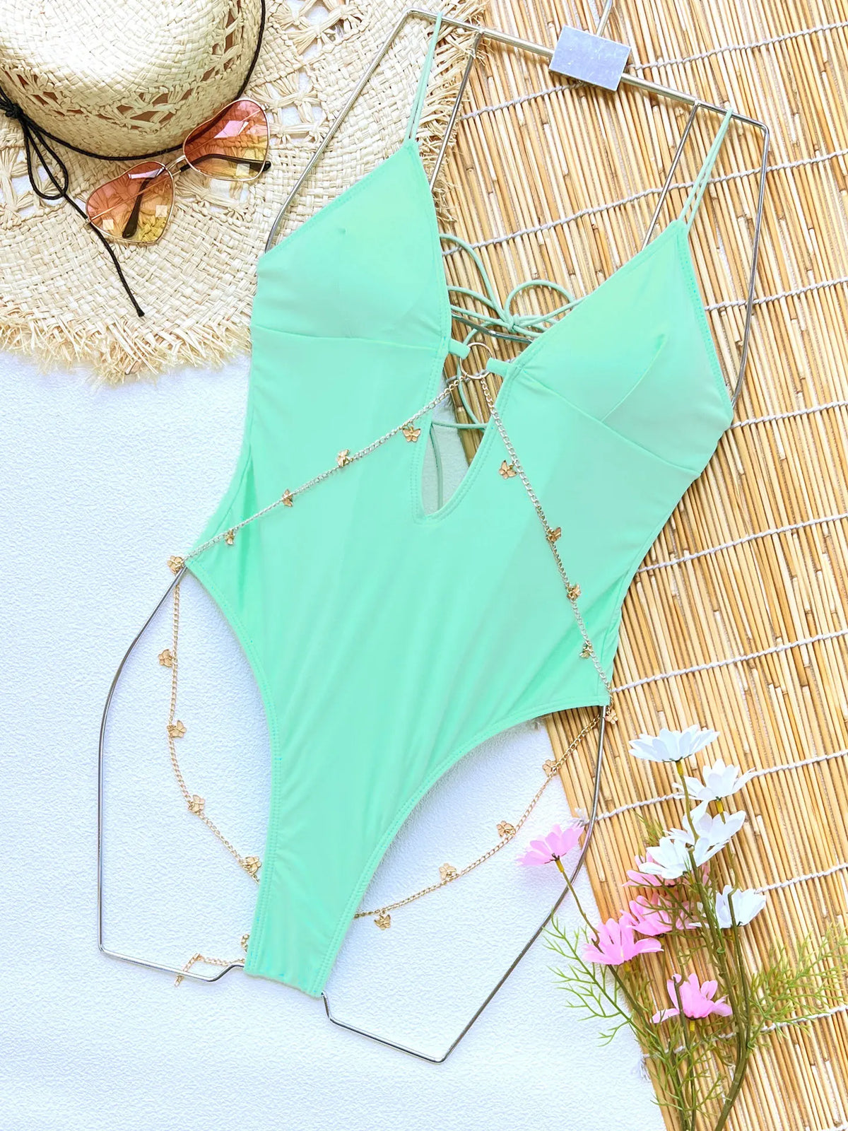 Vintage Green Swimwear Deep V Neck Hollow Out Backless Bathing Suit Metal Chain Belt One Piece Swimsuit Monokini