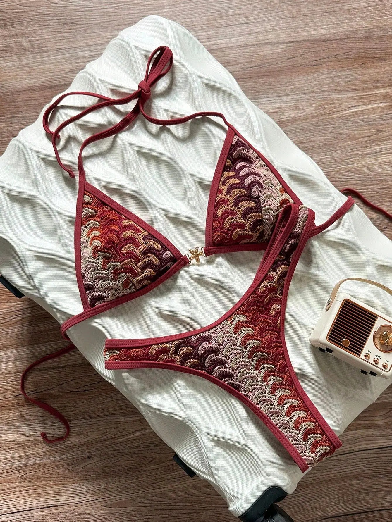 Vintage Ombre Scallop Crochet Bikini Halter Tie Triangle Top Front Starfish High Leg Cheeky Bikini Swimwears Beach Bathing Suit