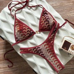 Vintage Ombre Scallop Crochet Bikini Halter Tie Triangle Top Front Starfish High Leg Cheeky Bikini Swimwears Beach Bathing Suit