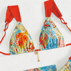 Vintage Print Micro Thong 3 Piece Bikinis Sets
