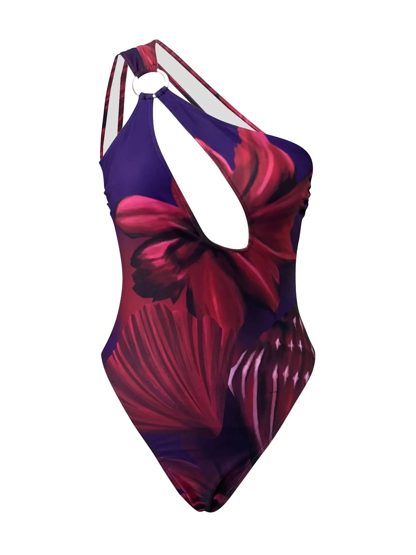 Vintage Purple Leaves Print Swimwear Metal Ring One Shoulder Hollow Out Backless Bathing Suit One Piece Swimsuit
