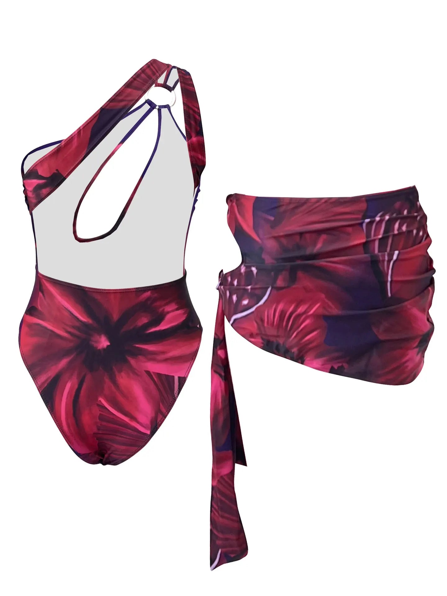 Vintage Purple Leaves Print Swimwear Metal Ring One Shoulder Hollow Out Backless Bathing Suit One Piece Swimsuit