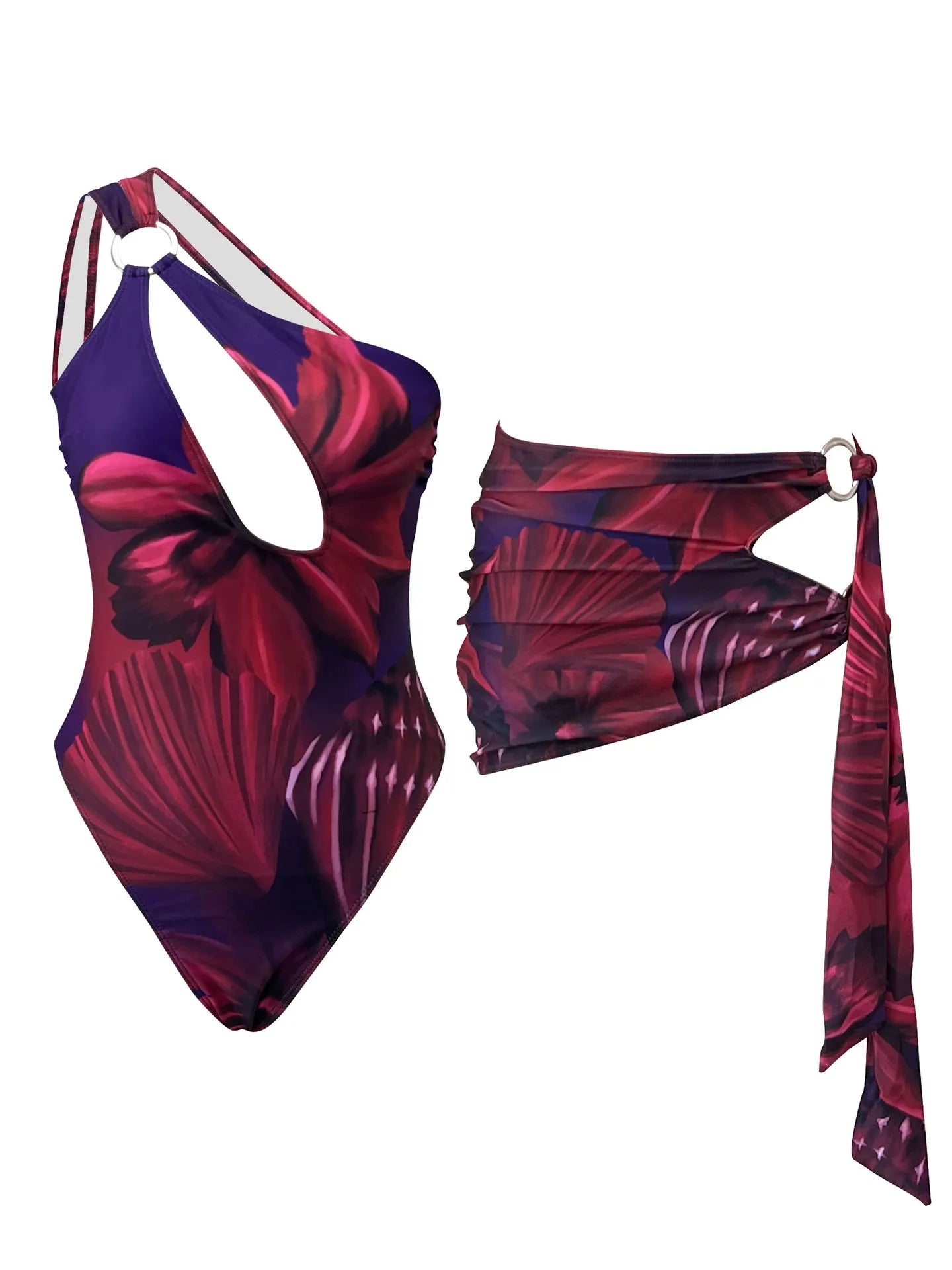 Vintage Purple Leaves Print Swimwear Metal Ring One Shoulder Hollow Out Backless Bathing Suit One Piece Swimsuit