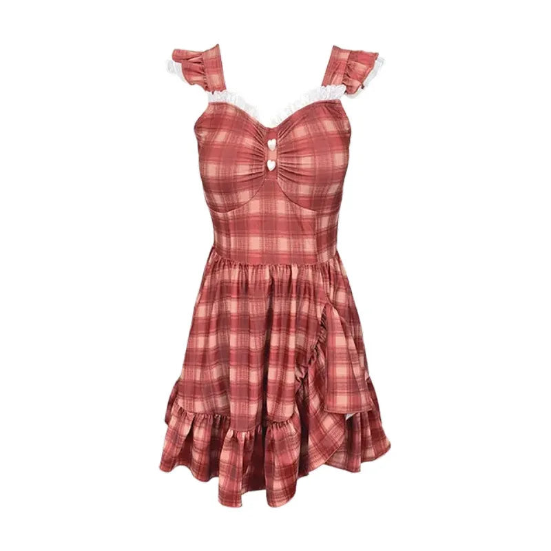 Vintage Red Plaid Dress One Piece Swimsuit Korean Lace Trim Ruffles Botton Slim Bathing Suit Holiday Skirt Swimwear