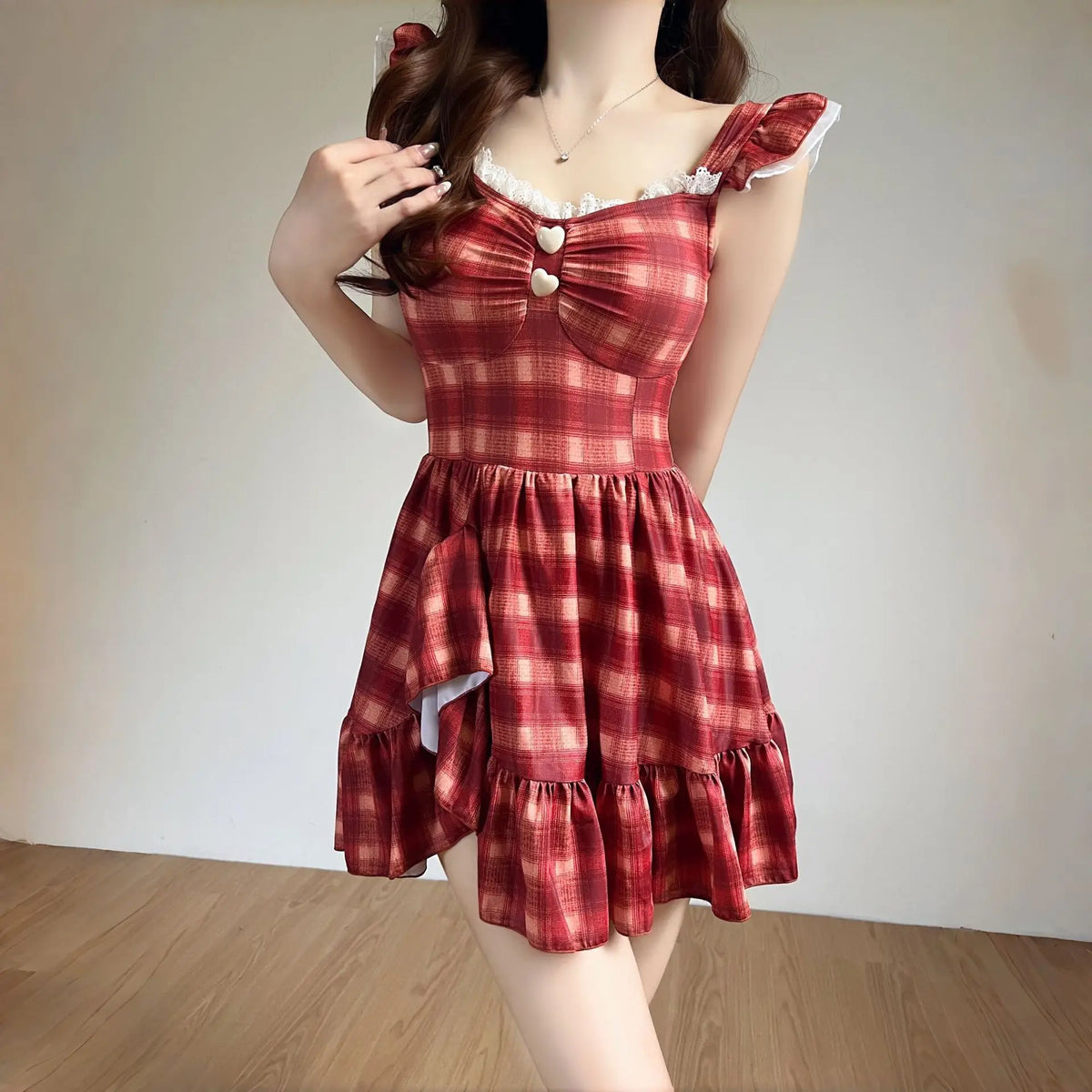 Vintage Red Plaid Dress One Piece Swimsuit Korean Lace Trim Ruffles Botton Slim Bathing Suit Holiday Skirt Swimwear