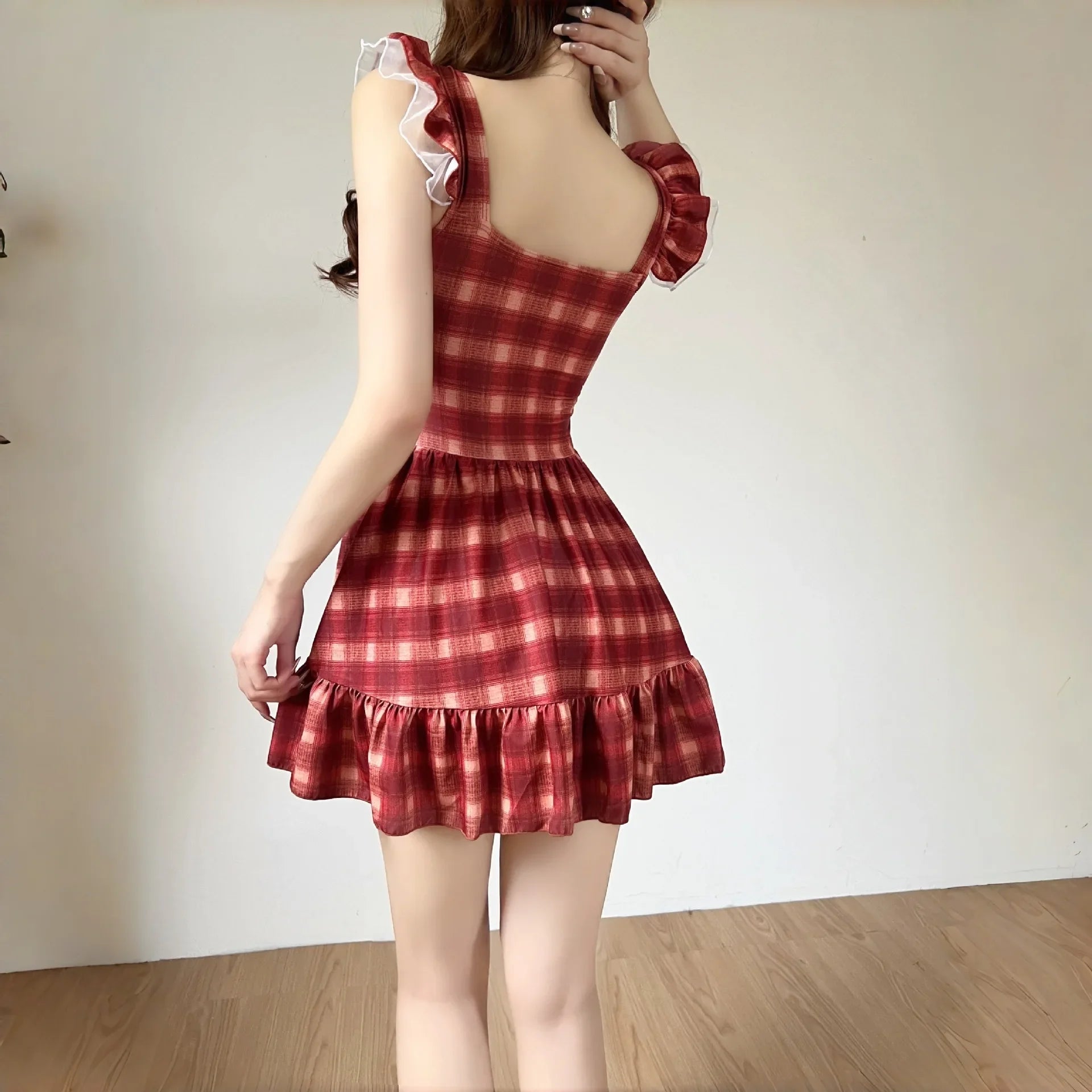 Vintage Red Plaid Dress One Piece Swimsuit Korean Lace Trim Ruffles Botton Slim Bathing Suit Holiday Skirt Swimwear