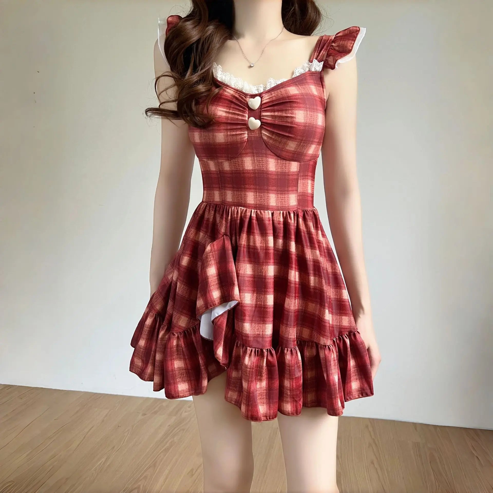 Vintage Red Plaid Dress One Piece Swimsuit Korean Lace Trim Ruffles Botton Slim Bathing Suit Holiday Skirt Swimwear