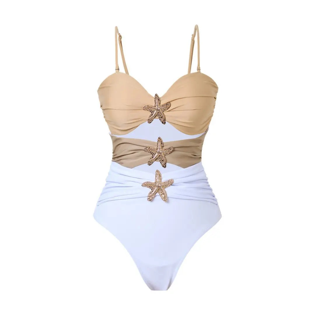 Vintage White Khaki Patchwork Swimwear Starfish Ornament Hollow Pleate One Piece Swimsuit Beach Bathing Suit Monokini