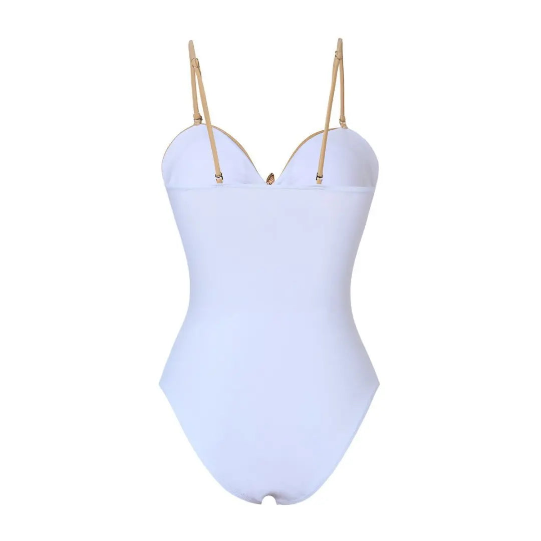 Vintage White Khaki Patchwork Swimwear Starfish Ornament Hollow Pleate One Piece Swimsuit Beach Bathing Suit Monokini