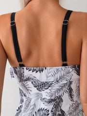 Vintage White Leaves Ruffles Tank Top Two Piece Swimsuit Sports High Waist Shorts Tankini Set