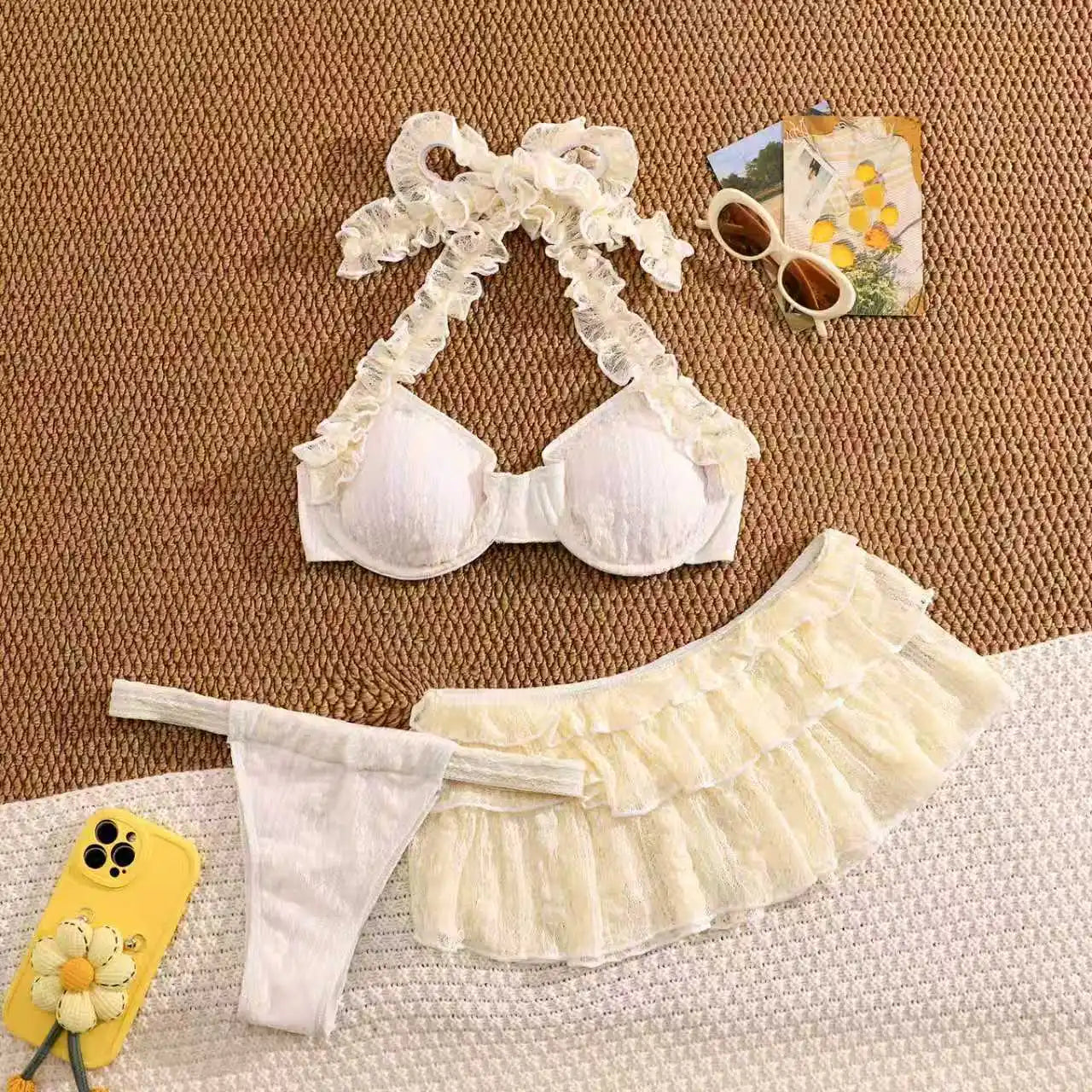 Vintage White Pleate Mesh Skirt 3 Piece Bikini Set