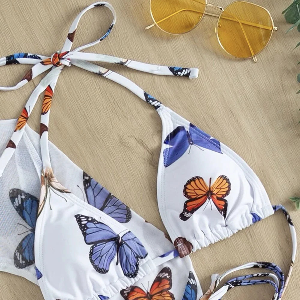 White Butterfly Print Swimwear Cover Up Bikinis Sets