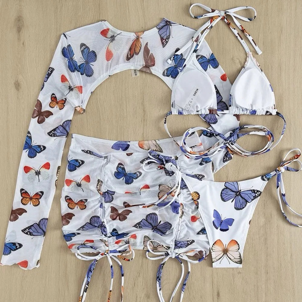 White Butterfly Print Swimwear Cover Up Bikinis Sets