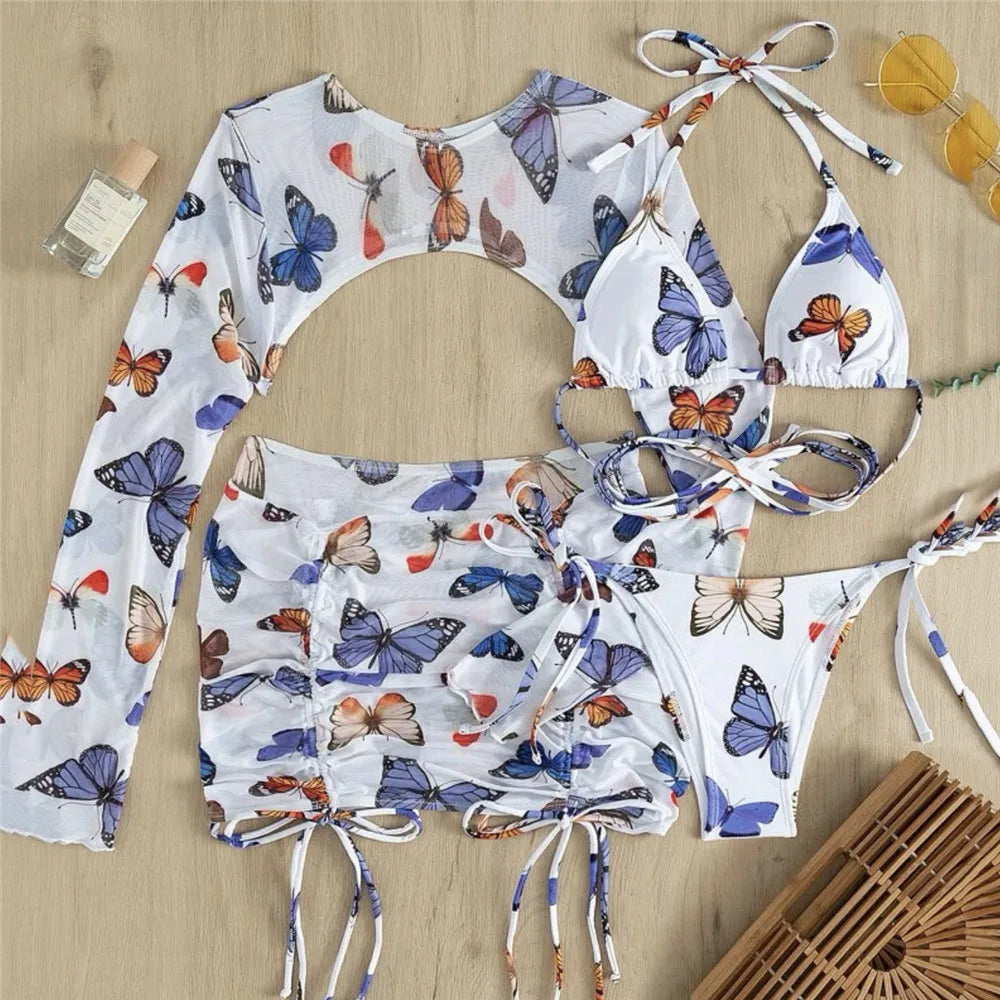 White Butterfly Print Swimwear Cover Up Bikinis Sets