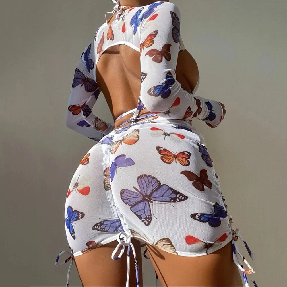 White Butterfly Print Swimwear Cover Up Bikinis Sets