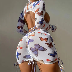 White Butterfly Print Swimwear Cover Up Bikinis Sets