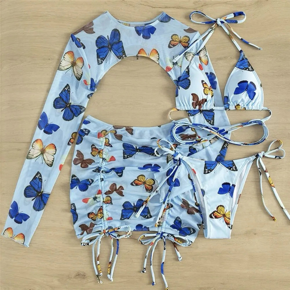 White Butterfly Print Swimwear Cover Up Bikinis Sets