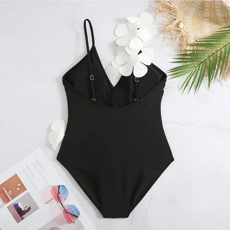 White Flower Swimsuit High Waist Skirt Bikini Black 3 Piece Monokini Brazilian Conservative Bathing Suit Swimwear QJY