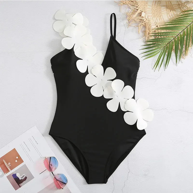 White Flower Swimsuit High Waist Skirt Bikini Black 3 Piece Monokini Brazilian Conservative Bathing Suit Swimwear QJY