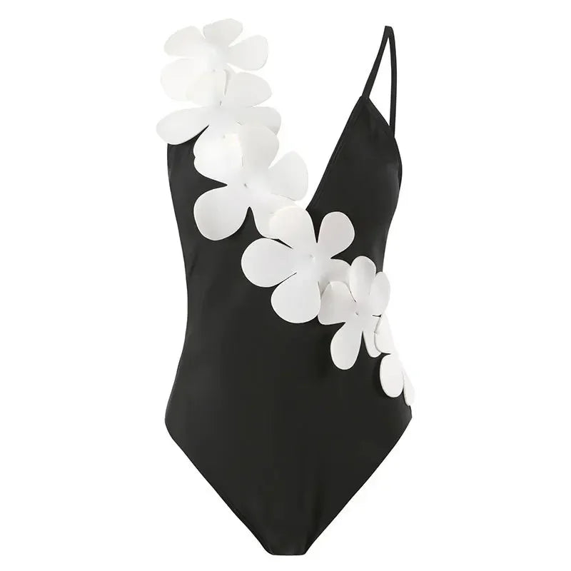 White Flower Swimsuit High Waist Skirt Bikini Black 3 Piece Monokini Brazilian Conservative Bathing Suit Swimwear QJY