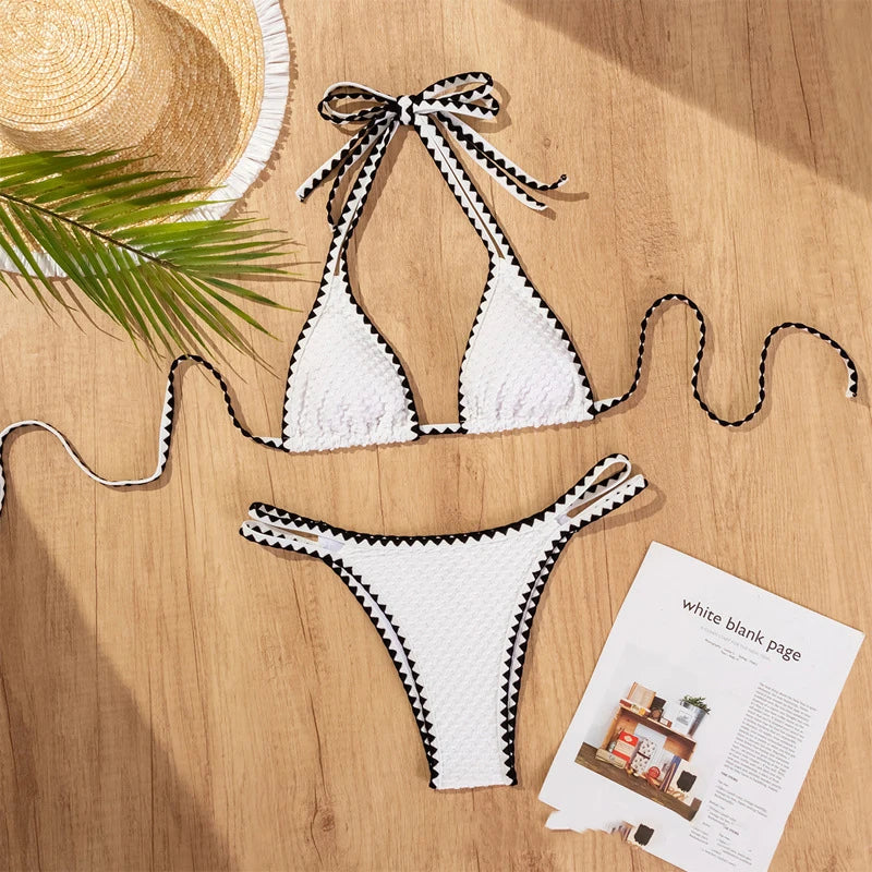 White Halter Swimwear Triangle Micro Thong Bikini Swimsuit String Bathing Suit Black Edge Bikinis Sets