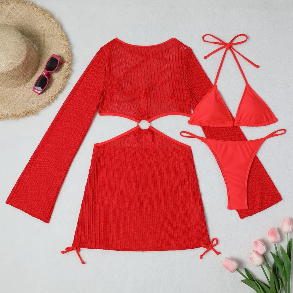 White Mesh Backless Dress Cover Up Swimwear 3 Piece Bikini Set
