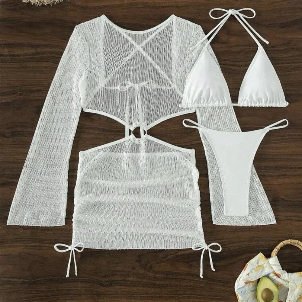 White Mesh Backless Dress Cover Up Swimwear 3 Piece Bikini Set