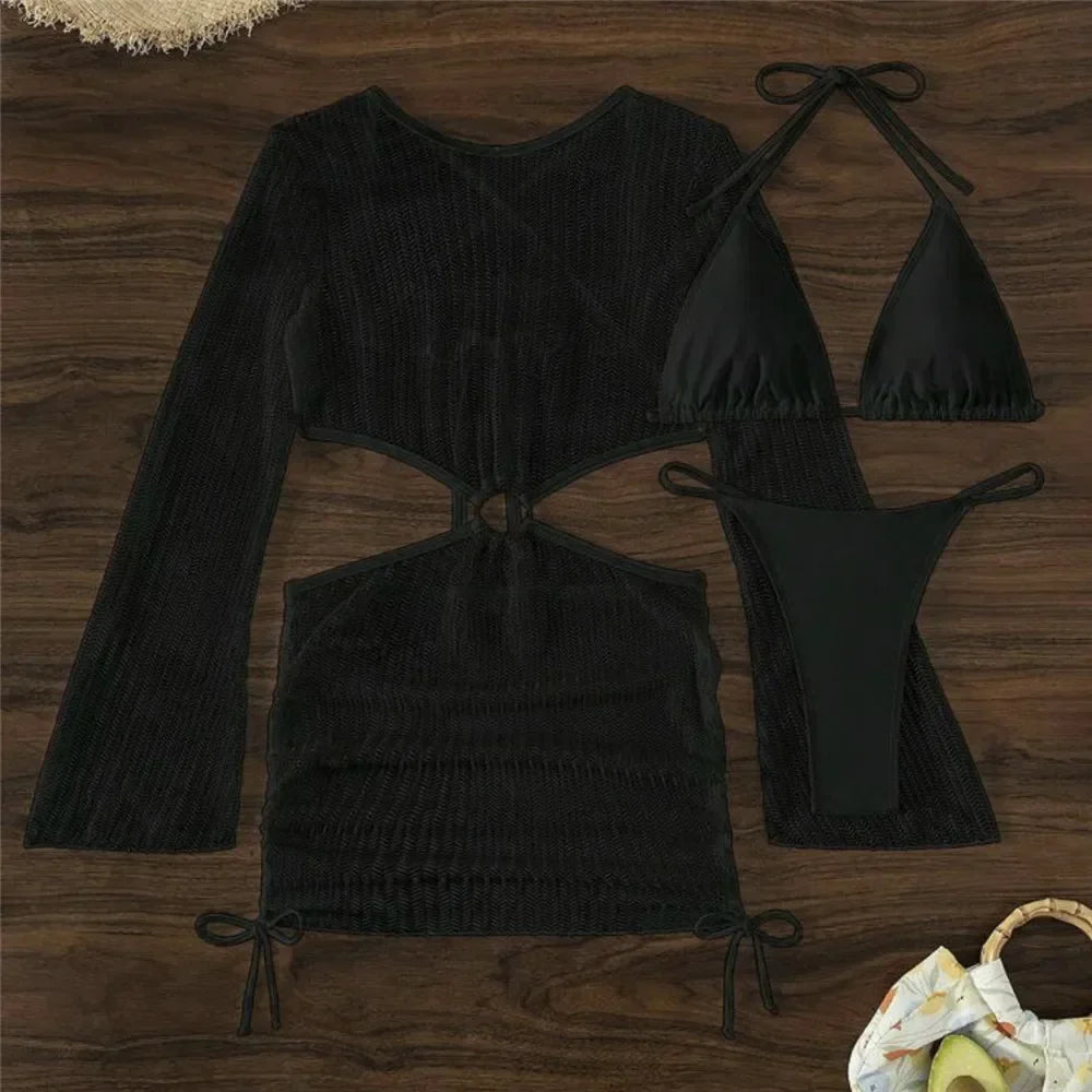 White Mesh Backless Dress Cover Up Swimwear 3 Piece Bikini Set
