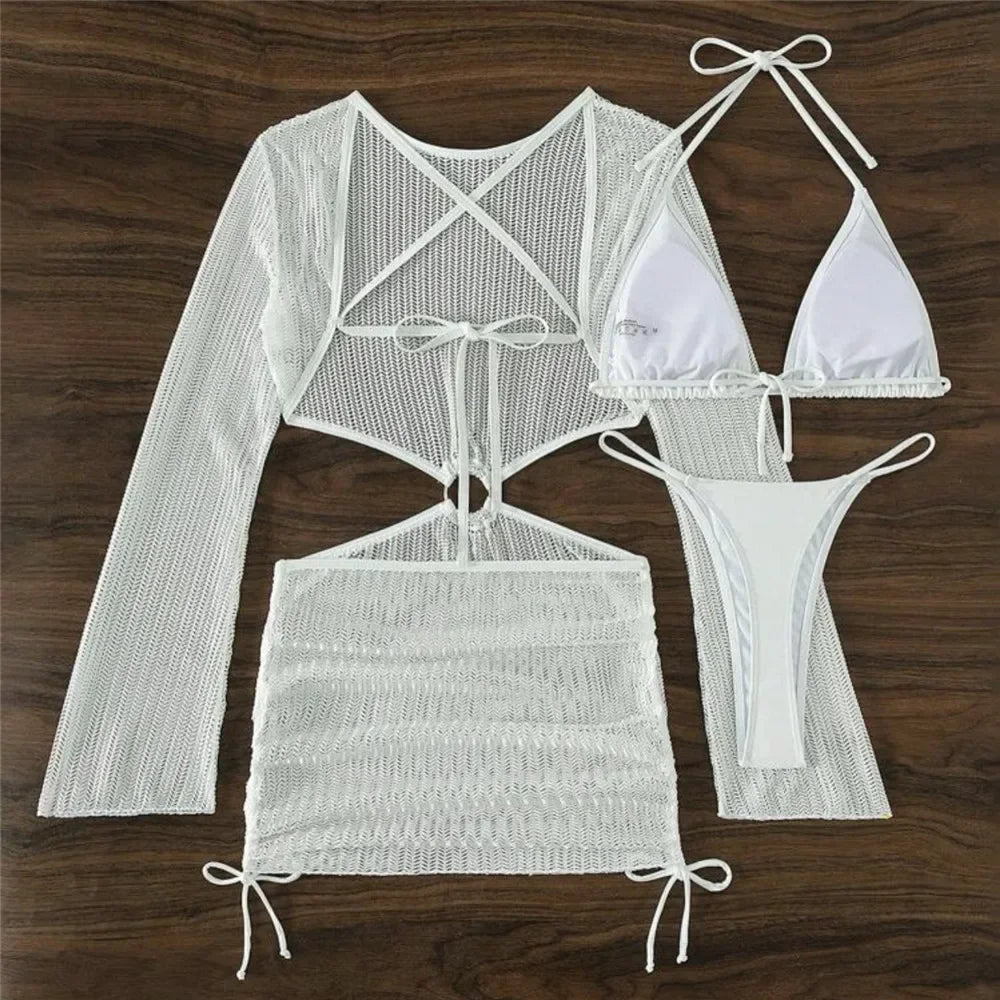 White Mesh Backless Dress Cover Up Swimwear 3 Piece Bikini Set