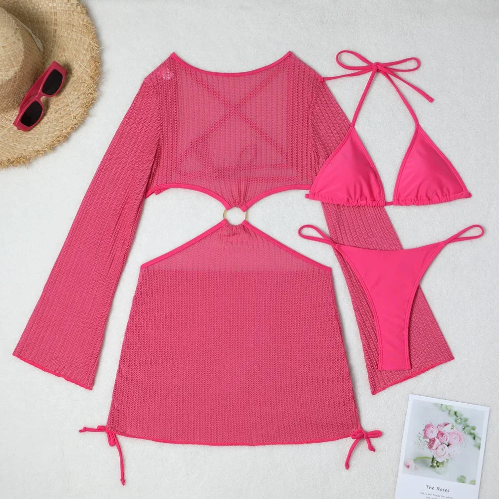 White Mesh Backless Dress Cover Up Swimwear 3 Piece Bikini Set