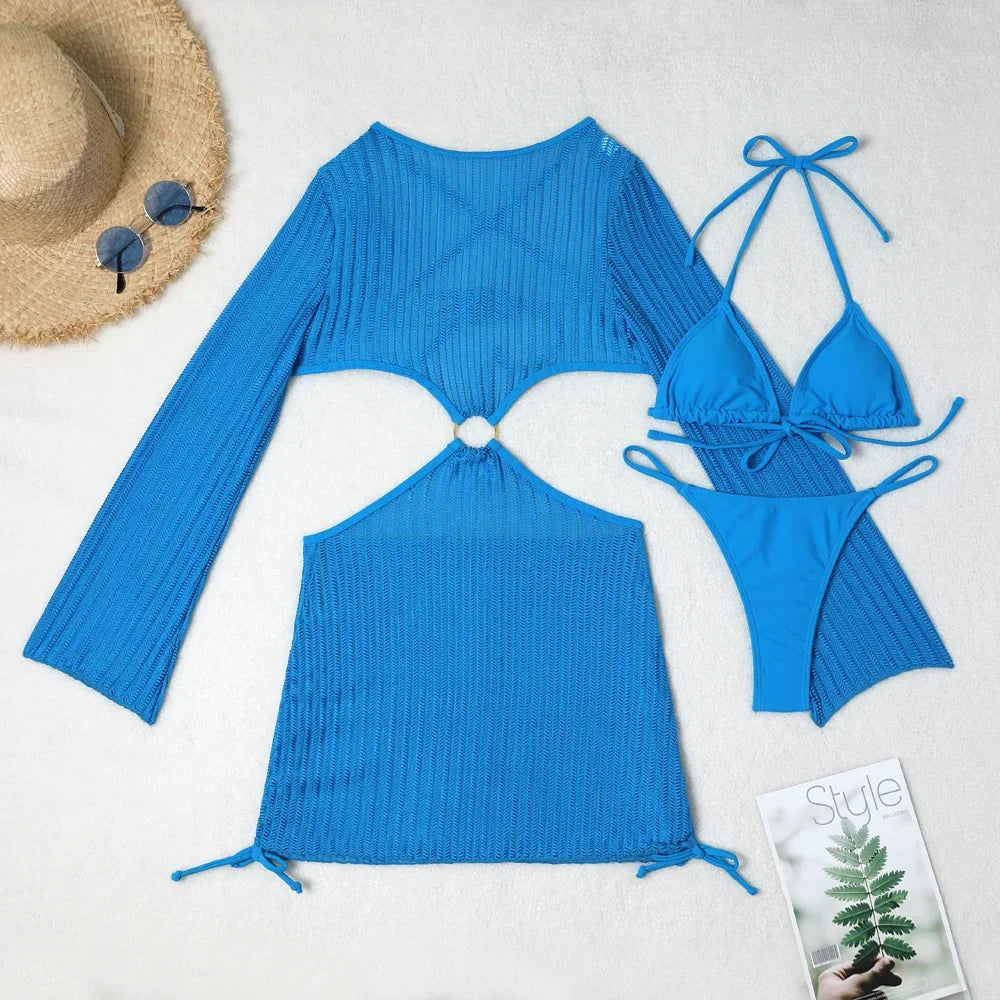 White Mesh Backless Dress Cover Up Swimwear 3 Piece Bikini Set