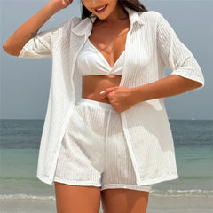 White Mesh Shirts Shorts Swimwear 4 Piece Bikinis Sets