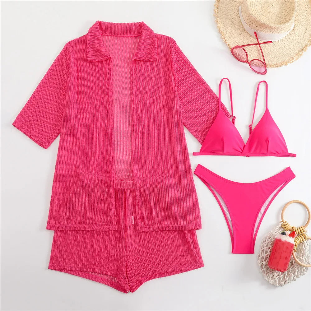 White Mesh Shirts Shorts Swimwear 4 Piece Bikinis Sets