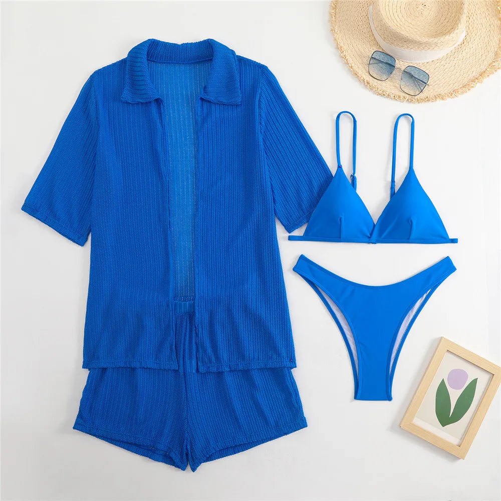 White Mesh Shirts Shorts Swimwear 4 Piece Bikinis Sets