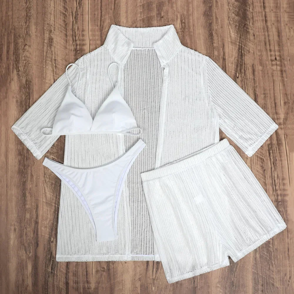 White Mesh Shirts Shorts Swimwear 4 Piece Bikinis Sets