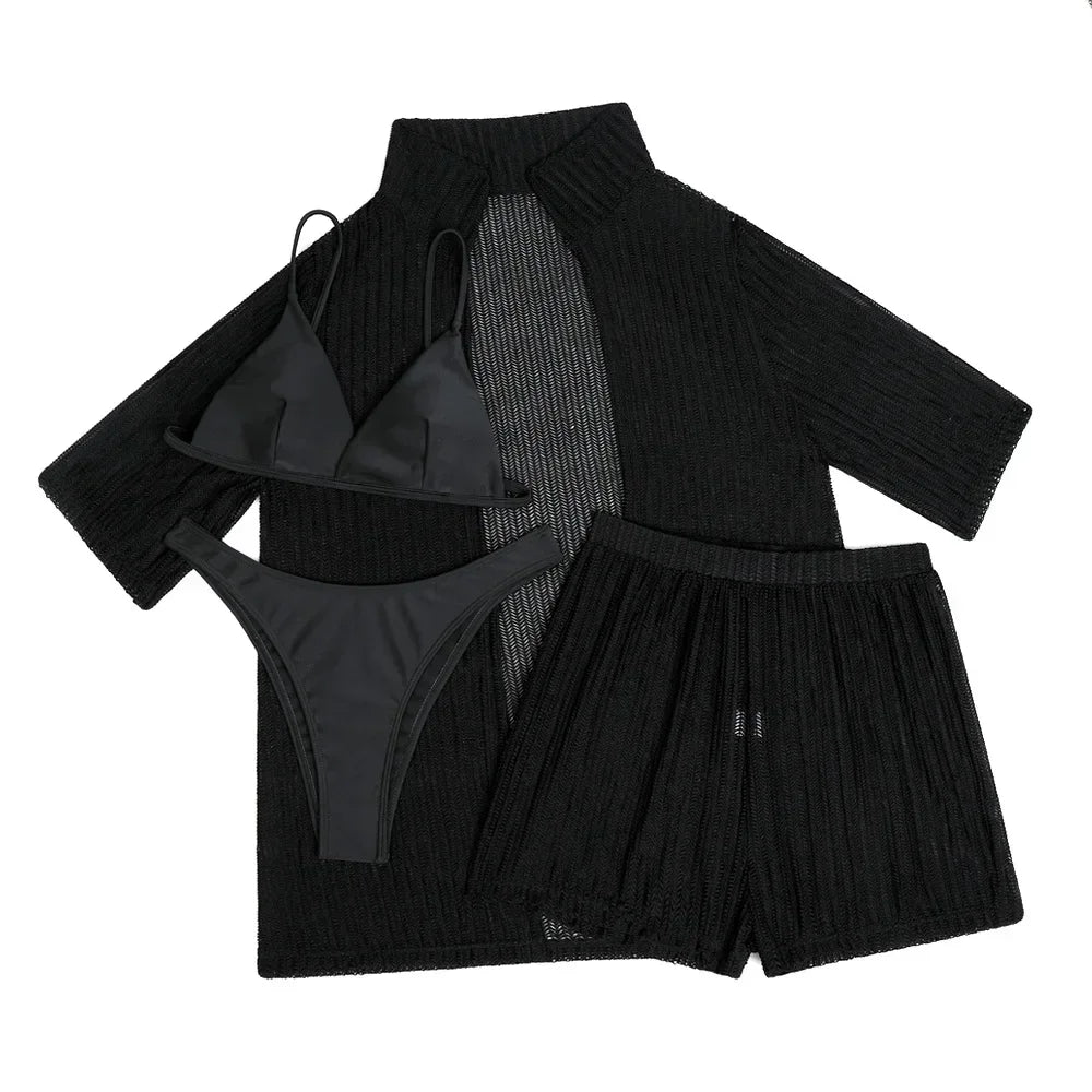 White Mesh Shirts Shorts Swimwear 4 Piece Bikinis Sets