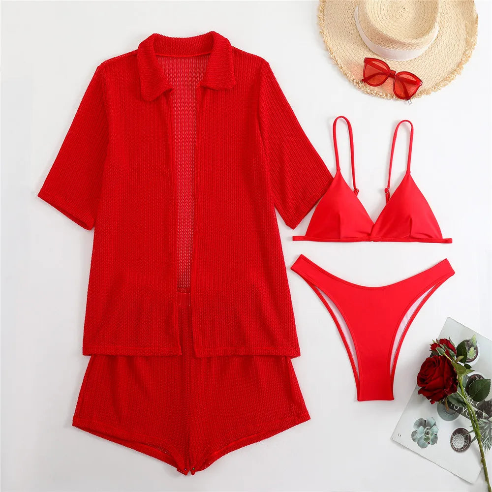 White Mesh Shirts Shorts Swimwear 4 Piece Bikinis Sets