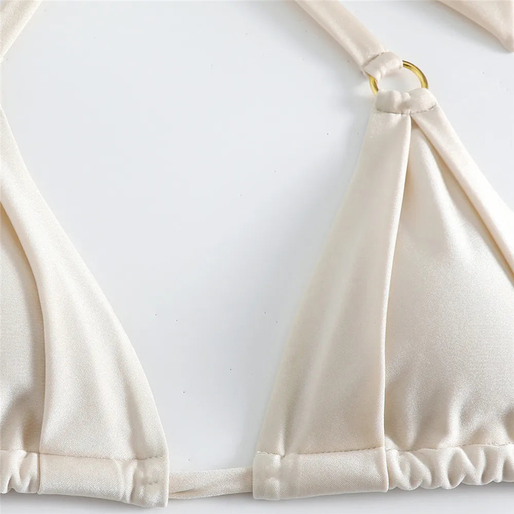 White Ruched Bow Kontted Swimwear Halter Micro Bikini Thong Swimsuit Metal Ring Bathing Suit Bikinis Sets
