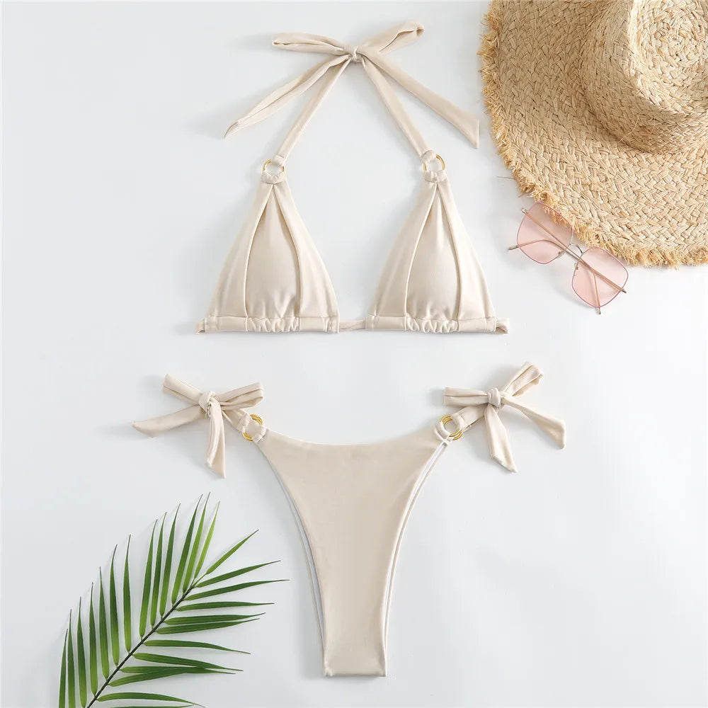 White Ruched Bow Kontted Swimwear Halter Micro Bikini Thong Swimsuit Metal Ring Bathing Suit Bikinis Sets
