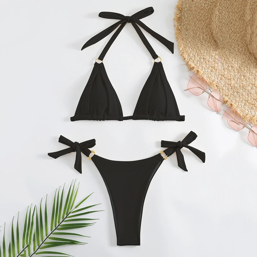 White Ruched Bow Kontted Swimwear Halter Micro Bikini Thong Swimsuit Metal Ring Bathing Suit Bikinis Sets