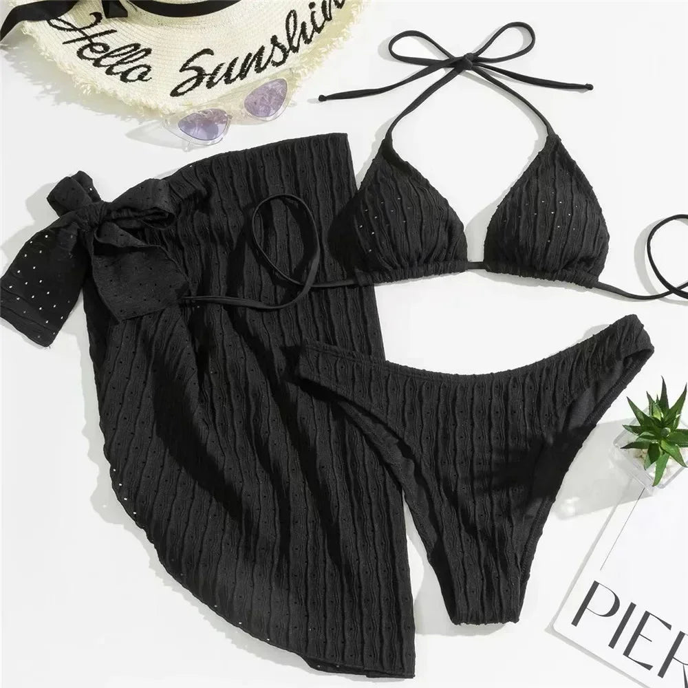White Swimwear with Cover Up Halter Micro Thong 3 Piece Bikini Set