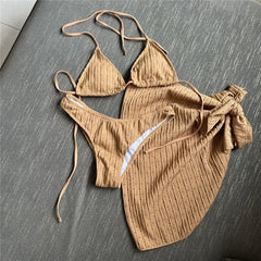 White Swimwear with Cover Up Halter Micro Thong 3 Piece Bikini Set