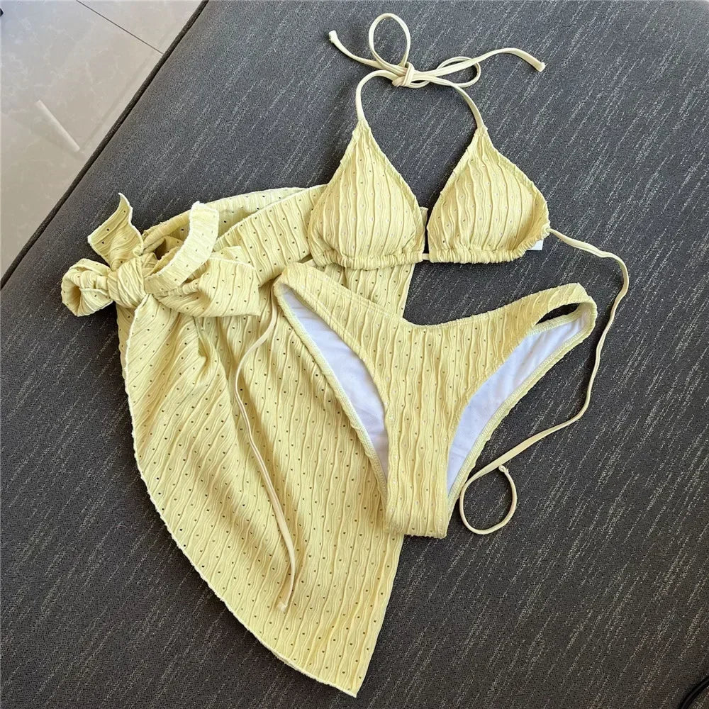 White Swimwear with Cover Up Halter Micro Thong 3 Piece Bikini Set